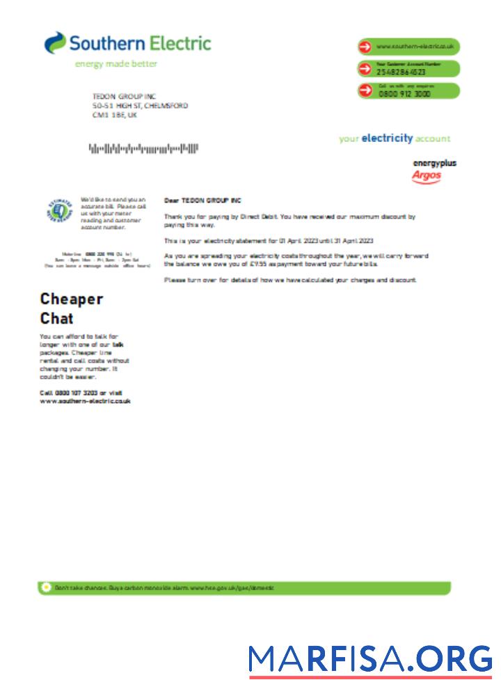 Downloadable Southern Electric proof of address utility business bill, SCR example